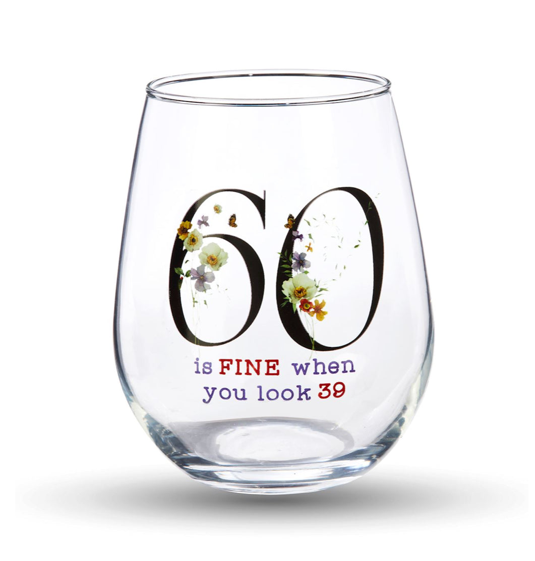 Stemless Wine Glass w/60 Birthday Sentiment