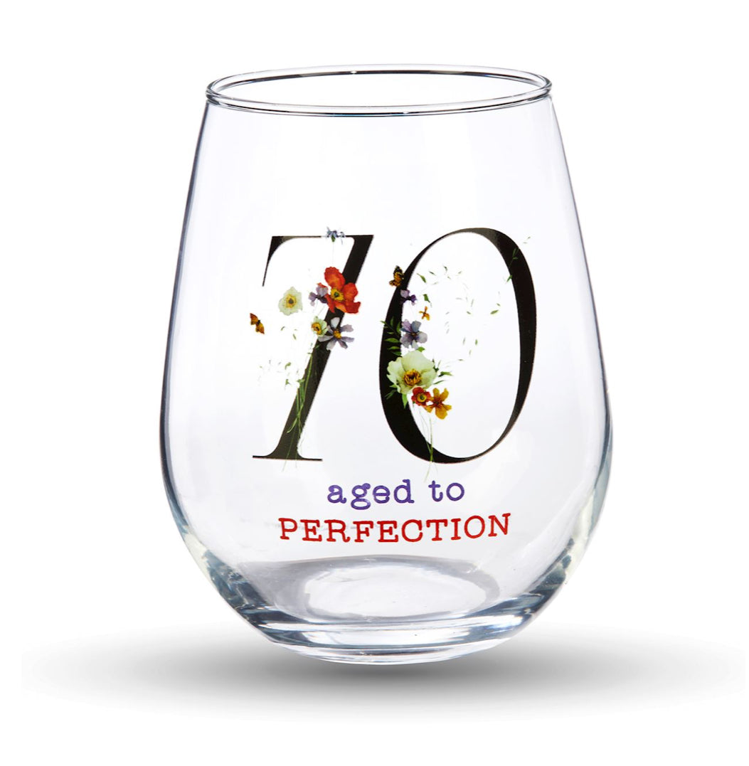 Stemless Wine Glass w/70 Birthday Sentiment