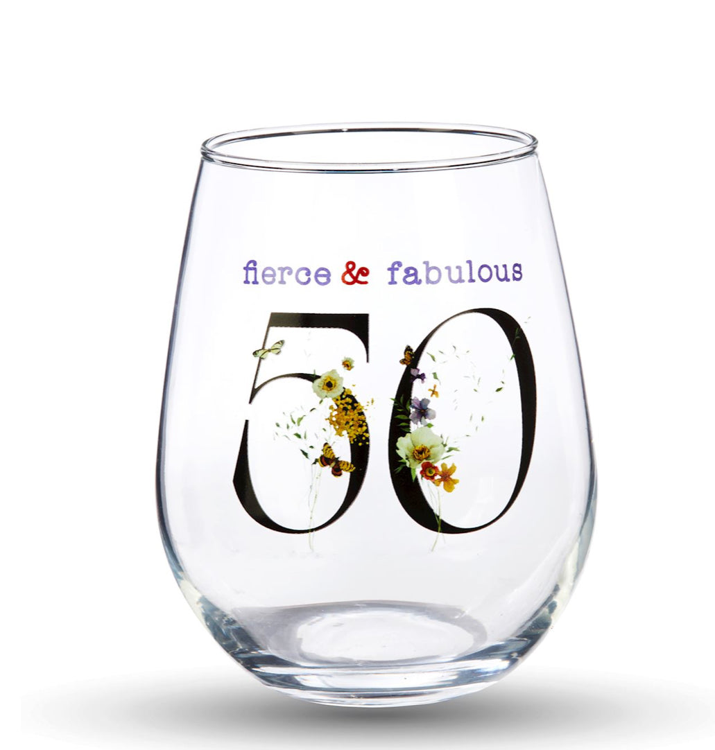 Stemless Wine Glass w/50 Birthday Sentiment