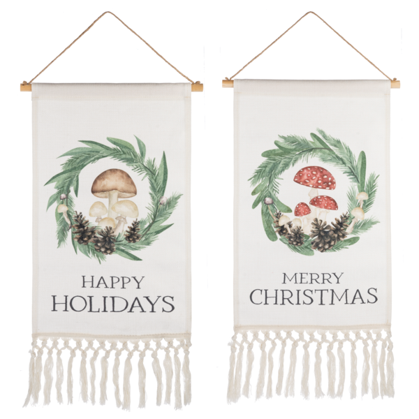 Mushroom & Pine with Christmas Text Wall Decor with Fringe