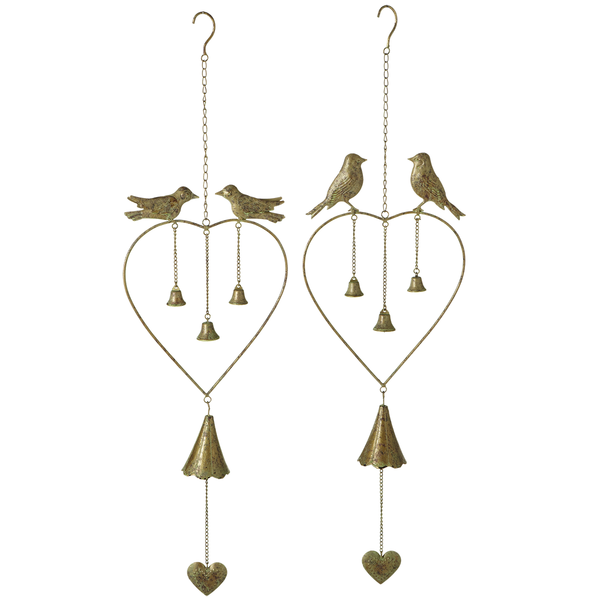 Gold Patina Heart Windchime with Birds