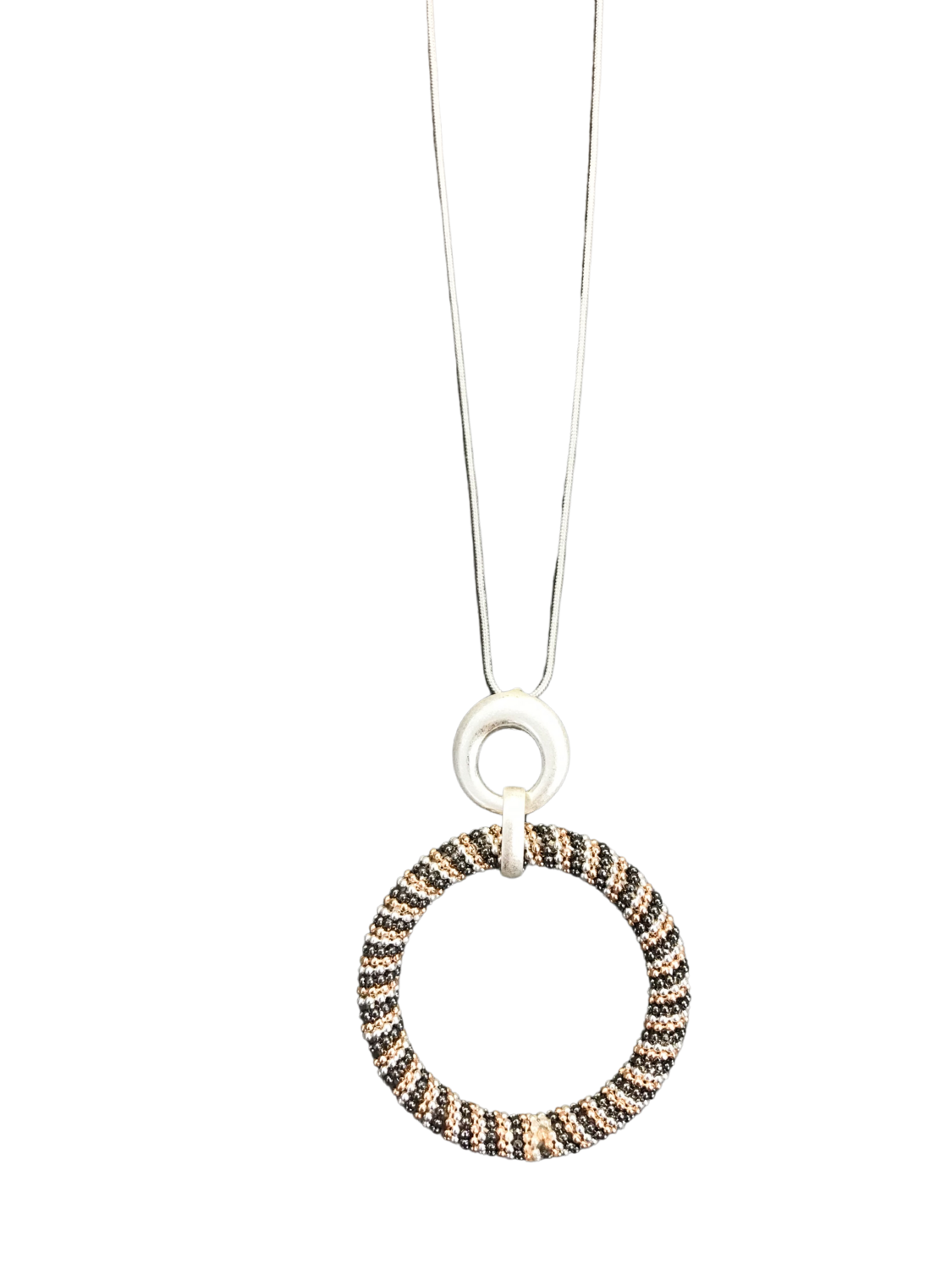 LONG SILVER SNAKE CHAIN WITH TEXTURED CIRCLE PENDENT