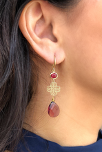 Load image into Gallery viewer, Aubergine crystals Dangling Earrings w/ matte gold accents
