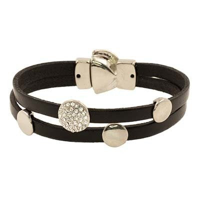 Leather magnetic bracelet, silver & CZ accents with buckle - 2 Assorted colours
